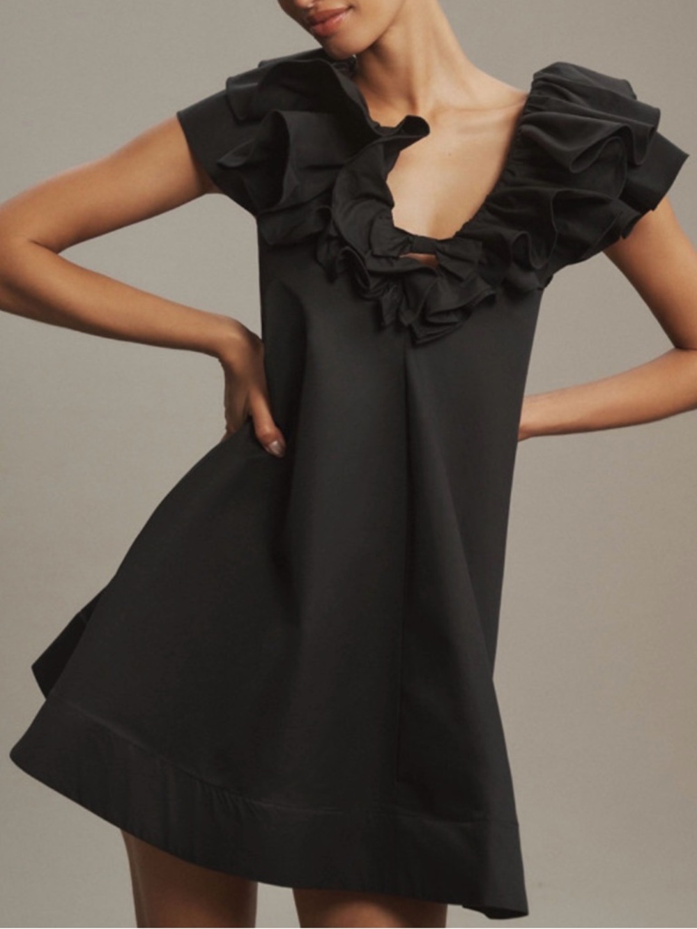 Anthropologie BHLDN Fallon Flutter Sleeve Ruffled V-Neck Mini Dress Black Medium